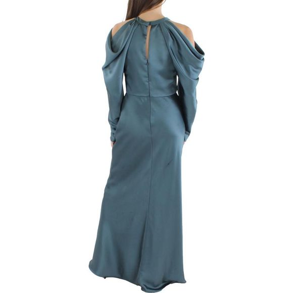 Amsale Womens Blue Satin Cold Shoulder Formal Evening Dress Gown NWOT - Picture 2 of 3